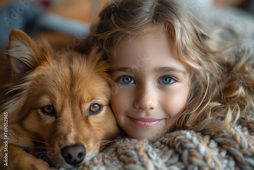 A young girl with bright blue eyes shares a tender embrace with a fluffy dog indoors
