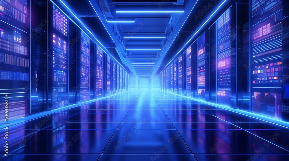 Obraz premium Futuristic Data Center with Blue Neon Lights and High Tech Servers