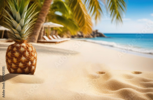 Pineapple on the sand sea, ocean beach. Tropical summer vacation concept. Happy sunny day on tropical island