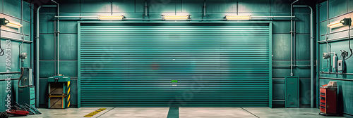 Industrial Design: Closed Metallic Garage Door, Textured Wall and Steel Construction