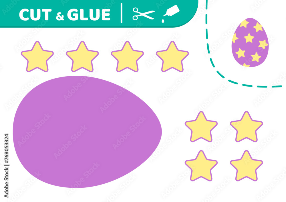 Cut and glue. Purple Easter egg with yellow stars. Applique. Paper game. Vector