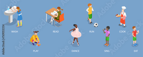 3D Isometric Flat Vector Illustration of English Grammar, Verbs Memorizing