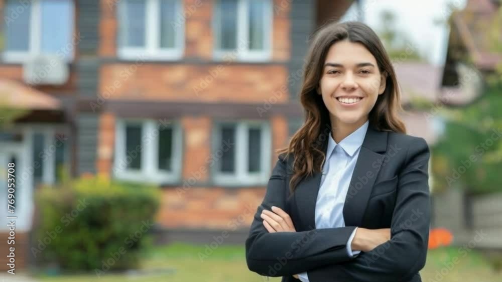 Happy businesswoman buying house, house background. Happy businesswoman buying house, house background.