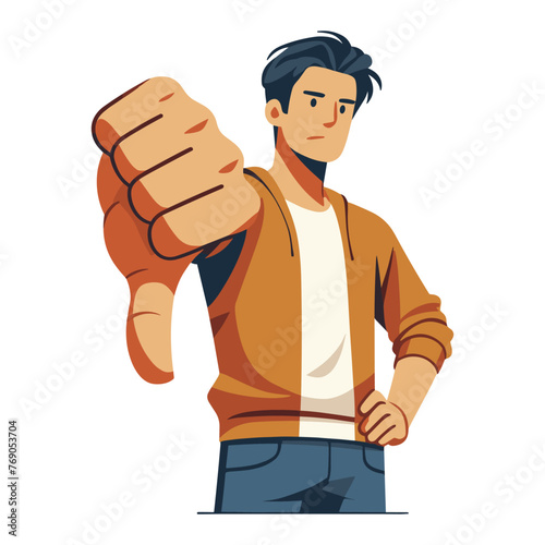 Man showing thumbs down design illustration, unhappy male gesturing dislike, disapproval sign, negative expression, disagreement. vector template isolated on white background
