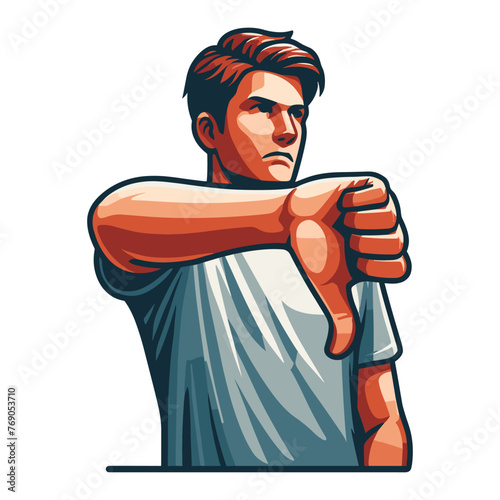 Man showing thumbs down vector illustration, unhappy male gesturing disapproval sign, dislike, disagreement, negative expression. design template isolated on white background