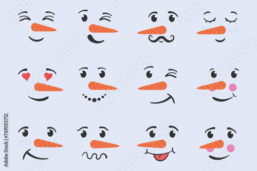 Set of funny snowman faces isolated on a white background. Cartoon funny doodle snowman head face with different emotions. Winter holidays, Christmas and New Year. Vector illustration