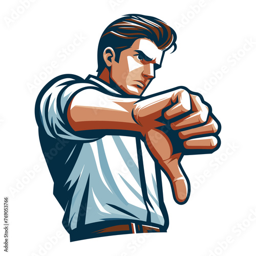 Man showing thumbs down design illustration, unhappy male gesturing dislike, disapproval sign, negative expression, disagreement. vector template isolated on white background