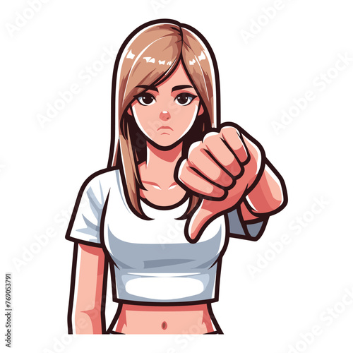 Woman showing thumbs down vector illustration, unhappy girl gesturing disapproval sign, dislike, disagreement, negative expression. design template isolated on white background