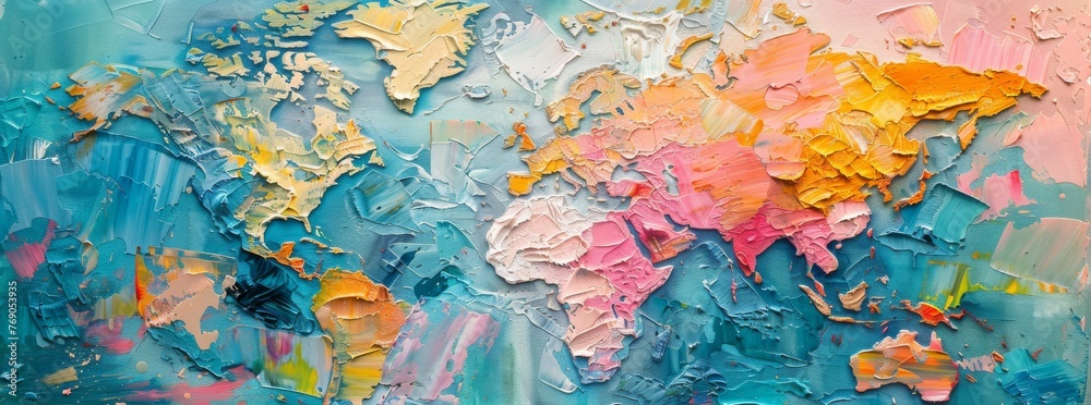 Abstract World Map Painting with Vibrant Brush Strokes
