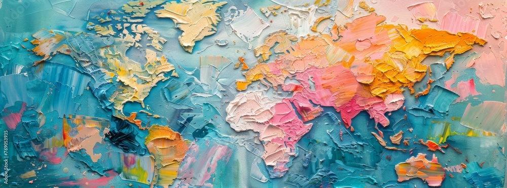 Fototapeta premium Abstract World Map Painting with Vibrant Brush Strokes 