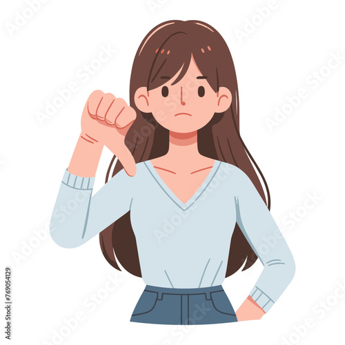 Woman showing thumbs down vector illustration, unhappy girl gesturing disapproval sign, dislike, disagreement, negative expression. design template isolated on white background