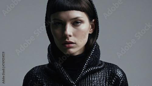 Woman Wearing Black Jacket and Hoodie. Generative AI