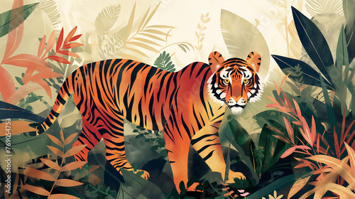 An illustration of a tiger walking through the jungle  AI generated