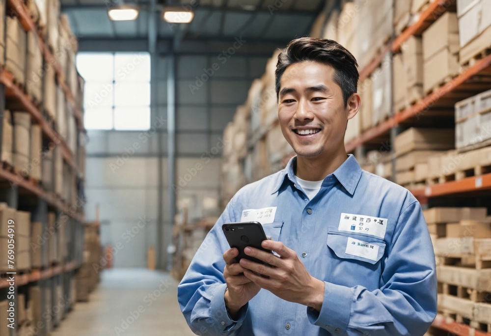 Connected Warehouse Worker: Japan (Smiling).
Asian Warehouse Staff: Tech-Savvy on the Job.
Warehouse Efficiency: Happy Worker with Smartphone Connected Warehouse Worker: Japan (Smiling).
Asian Warehouse Staff: Tech-Savvy on the Job.
Warehouse Efficiency: Happy Worker with Smartphone