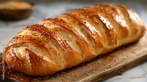 Freshly baked bread loaf on wooden board with sesame seeds.