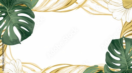 Elegant frame design featuring lush Monstera leaves with golden accents on a stark black background, perfect for invitation or menu designs.