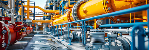 Industrial Steel Pipeline in Power Plant, Yellow and Blue Valves, Technology and Environment
