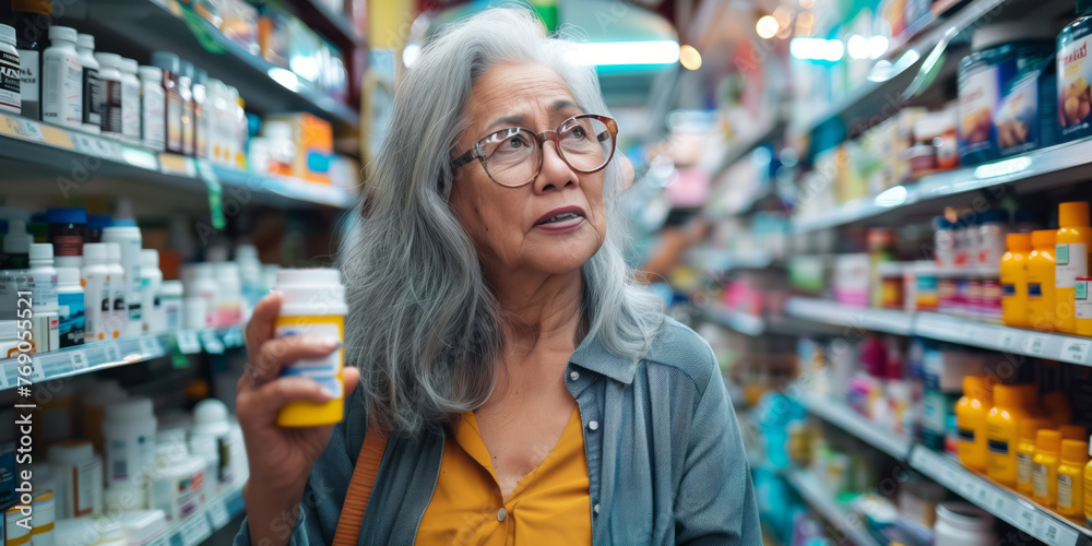 Senior woman holding a pill bottle in a pharmacy. Old lady looking for a medicine she needs on drugstore shelves. Buying prescription medicine.