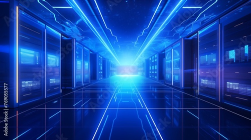 Futuristic Data Center with Neon Lighting and High-Tech Servers