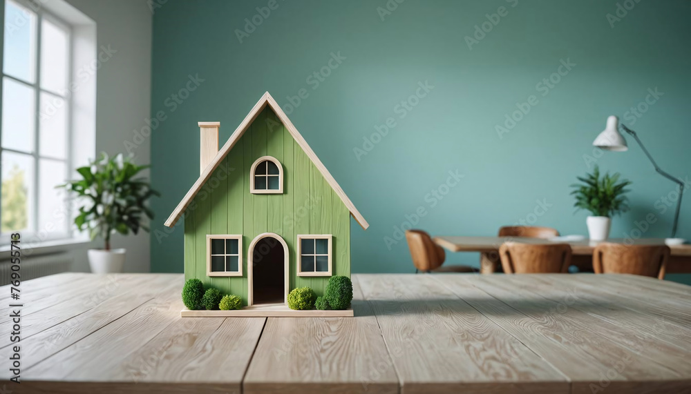 Modèle miniature de maison sur la table, isolée sur fond bleu, concept de crédit immobilier, épargne logement, performance énergétique - IA générative - obrazy, fototapety, plakaty 