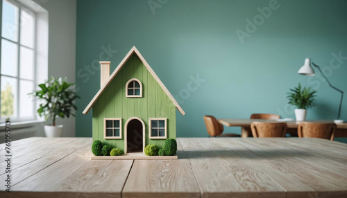 Modèle miniature de maison sur la table, isolée sur fond bleu, concept de crédit immobilier, épargne logement, performance énergétique - IA générative photo