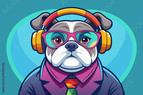 an affable monochrome bulldog, wearing multi-colored glasses, a bit of a youthful slacker look, wearing headphones photo