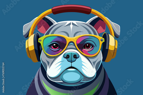 an affable monochrome bulldog, wearing multi-colored glasses, a bit of a youthful slacker look, wearing headphones photo