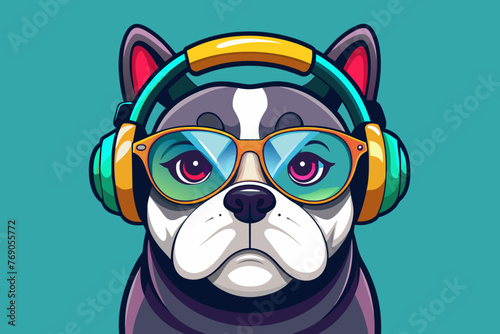 an affable monochrome bulldog, wearing multi-colored glasses, a bit of a youthful slacker look, wearing headphones