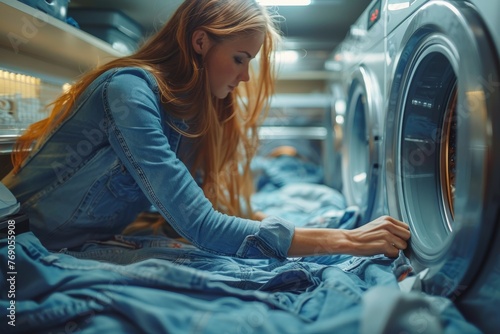 Person loading a washing machine in a brightly lit laundry room, focusing on the task at hand