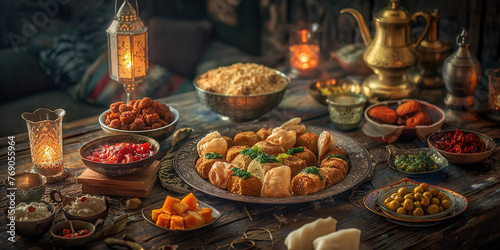 A table with traditional Middle Eastern cuisine and sweets for Ramadan iftars  marking the end of fasting. Eid Mubarak celebration with an evening meal