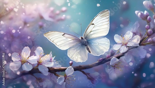 Butterfly in flight and flowers with soft focus. blossoming cherry