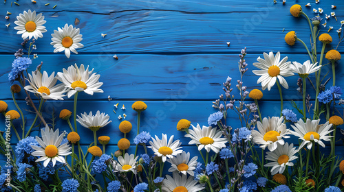 White daisies and blue wildflowers arranged on a rustic blue wooden background. © amixstudio
