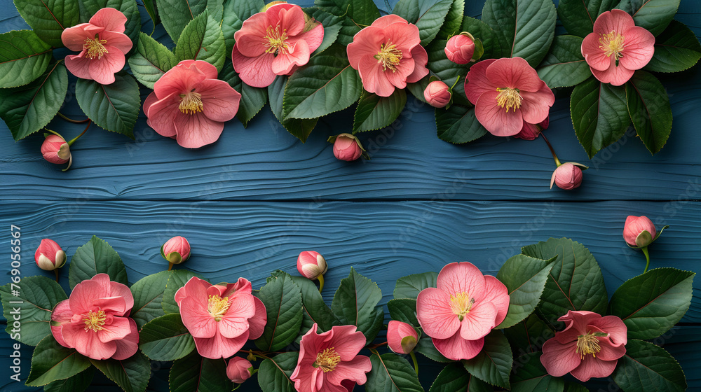 Vibrant pink flowers and green leaves arranged on a blue wooden background, creating a fresh, floral pattern.