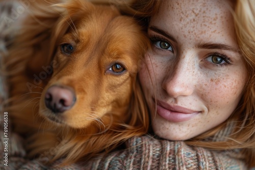 A young woman with striking green eyes shares a close, soulful connection with her ginger-colored dog