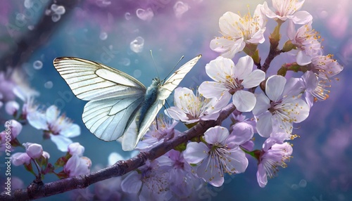 Butterfly in flight and flowers with soft focus. blossoming cherry