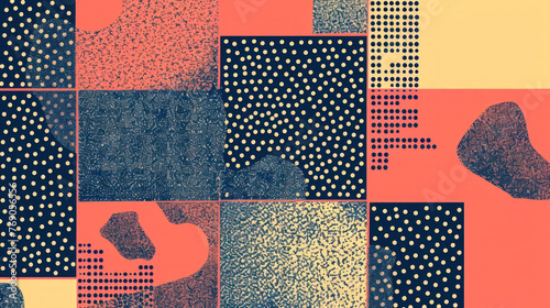 Abstract geometric pattern of shapes and dots on neutral background, pink, blue, black, beige, desktop background, poster, pattern
