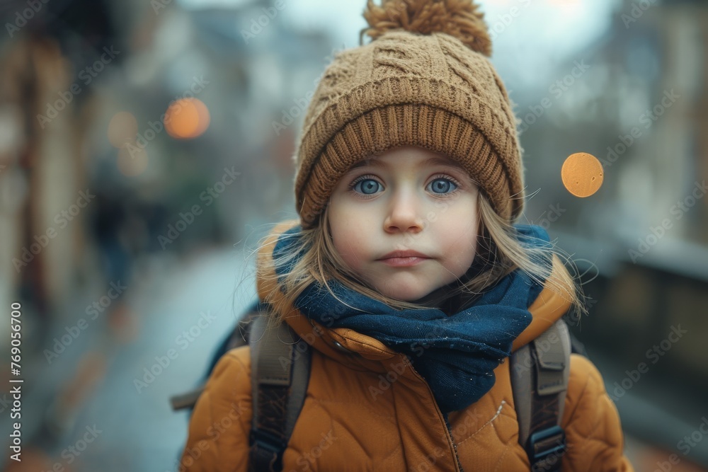 A young child with blue eyes wearing a knit hat and winter jacket gazes into the distance on a street A young child with blue eyes wearing a knit hat and winter jacket gazes into the distance on a street