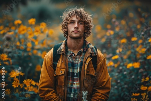 Portrait of a contemplative young adult with long hair standing in a field of flowers