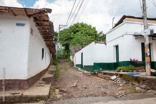 View of the historical streets of the Heritage Town of Guaduas located in the Department of Cundinamarca in Colombia.