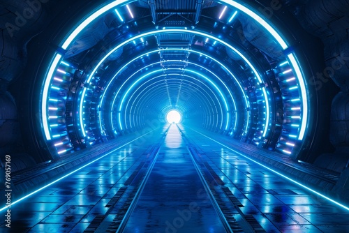 a tunnel with blue lights