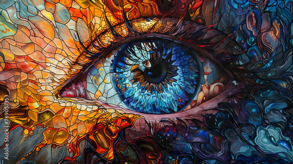 A close-up of a human eye portrayed in a colorful mosaic art style, depicting intricate patterns and vivid hues.