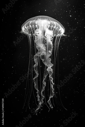 a jellyfish, light contrast, pure black background