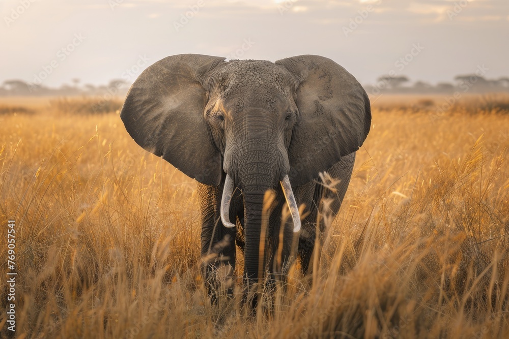 Obraz premium Gentle giant elephant amidst golden grass - A gentle elephant captured in its natural surroundings with ears flared against a backdrop of golden grass