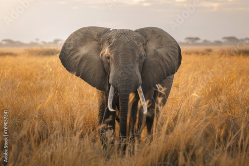 Gentle giant elephant amidst golden grass - A gentle elephant captured in its natural surroundings with ears flared against a backdrop of golden grass © Tida