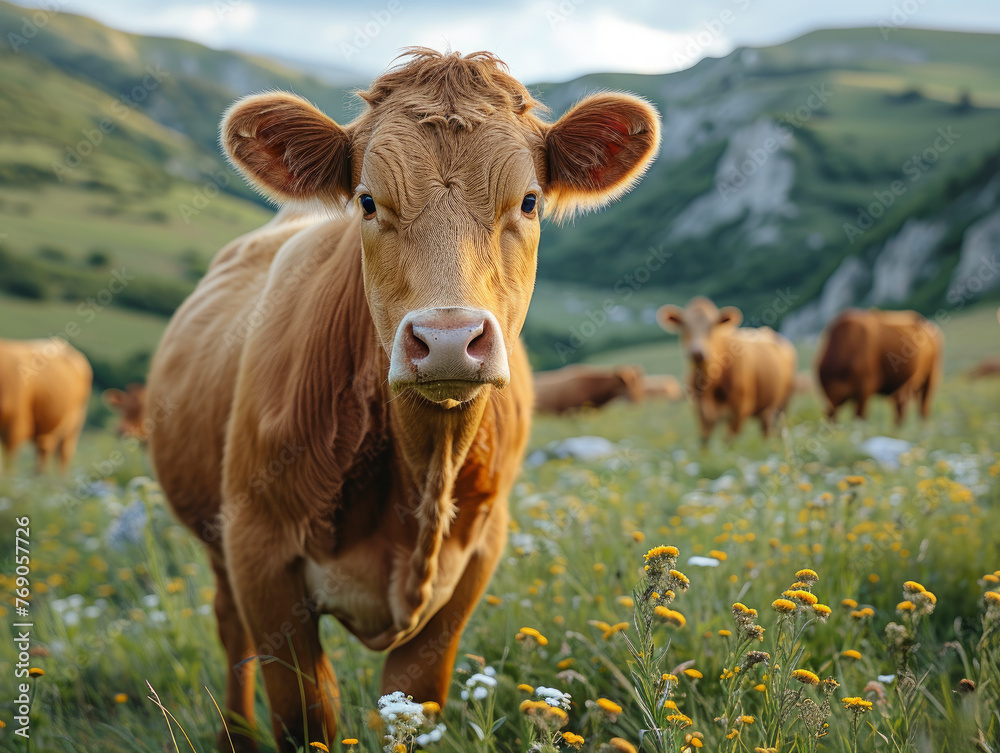 Cow in the middle of a farm meadow Cow in the middle of a farm meadow
