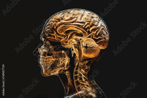 Intricate anatomy of a human head in orange - Detailed, glowing 3D rendering of a human head showing the complex anatomy of the skull and brain with vibrant orange hues