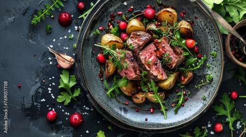 Lamb with potatoes, chervil and cloves. A dish for an expensive restaurant. photo