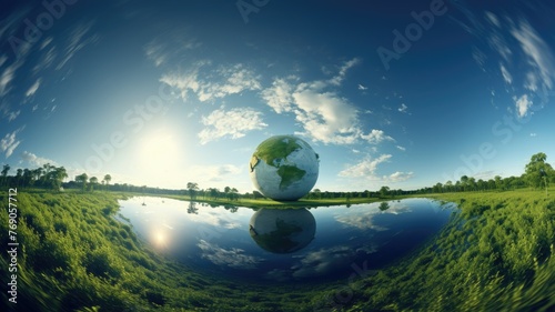 Lush green lawn with water reflection - A serene and green universe with a mirroring river creating a reflected earth encapsulated in a tiny planet panorama photo