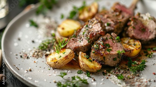 Lamb with potatoes, chervil and cloves. A dish for an expensive restaurant. photo