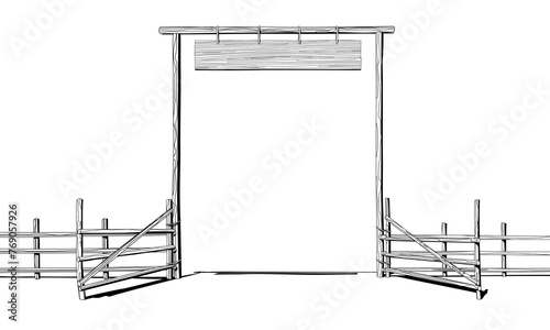 Old wooden american wild west farm gate with hanging signboard and fence drawn in black linear style isolated on white. Vector illustration